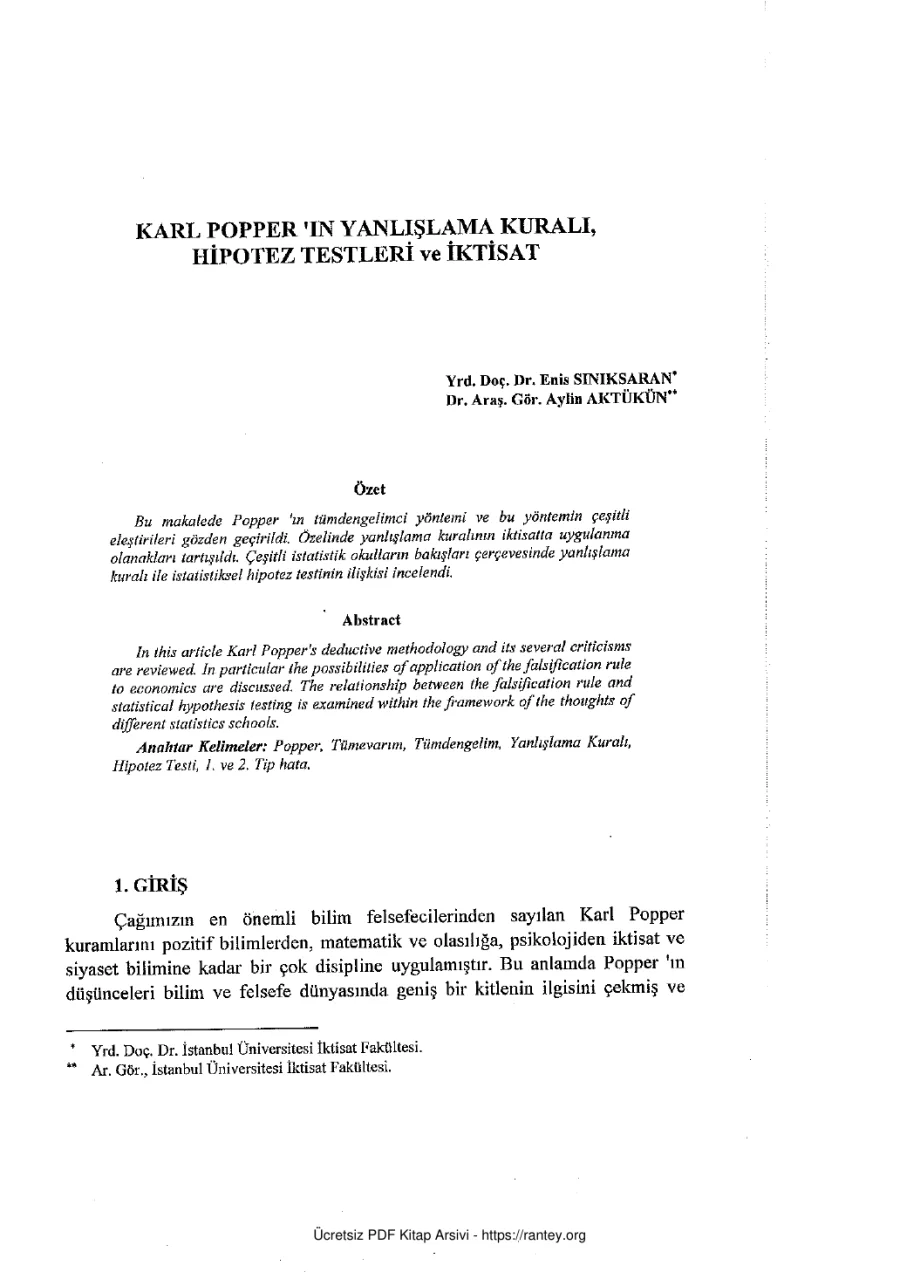 Karl Popperin Yanlışlama Kuralı Hipotez Testleri ve İktisat kapak görseli