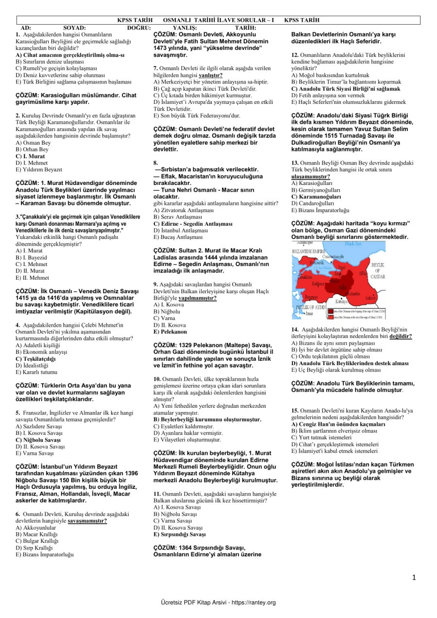 KPSS TARİH EK SORULAR OSMANLI TARİHİ KURULUŞ TARİHİ CEVAPLAR kapak görseli