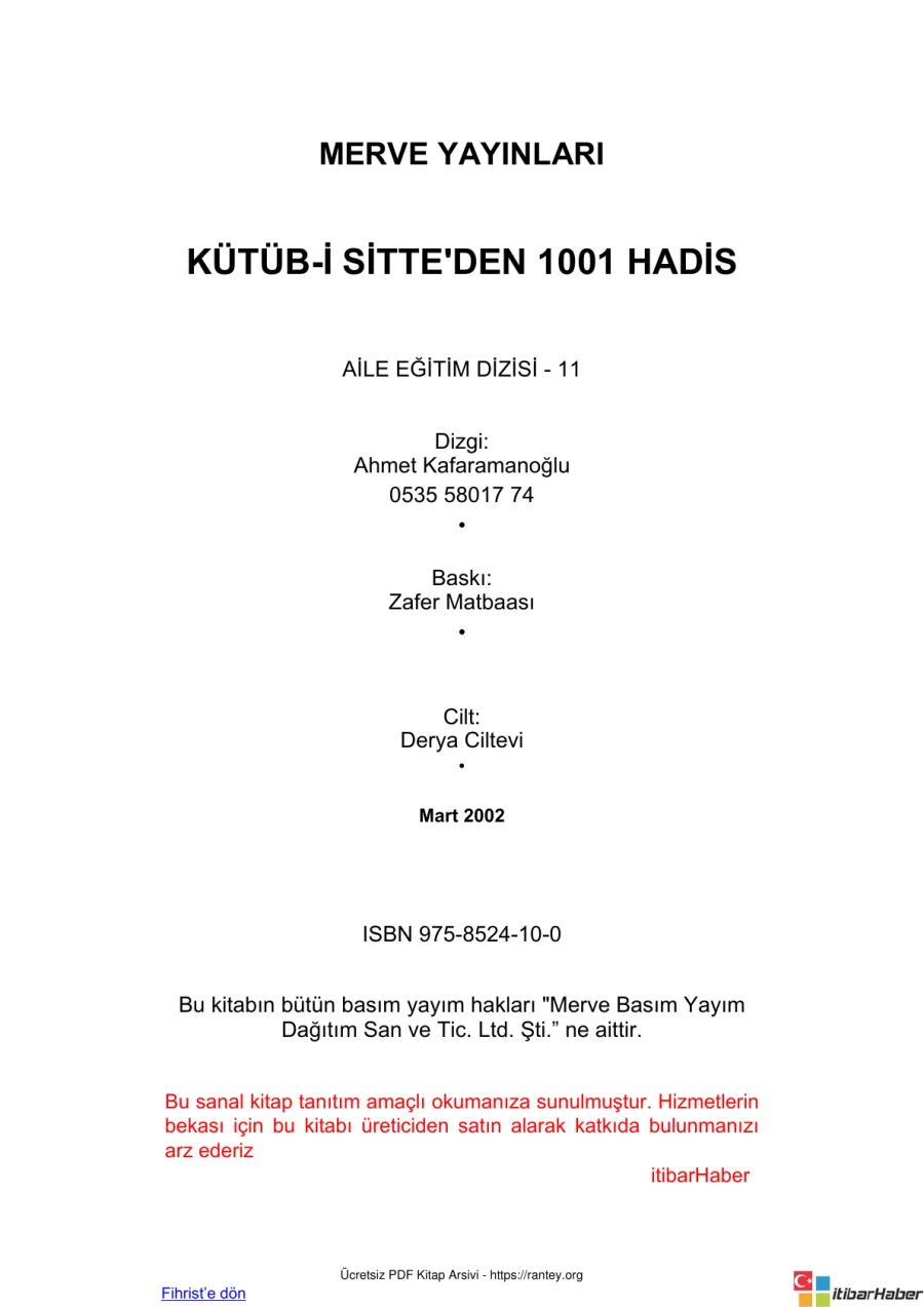 KÜTÜBİ SİTTEDEN 1001 HADİS Ebu Abdulmumin Tekin Mıhçı kapak görseli