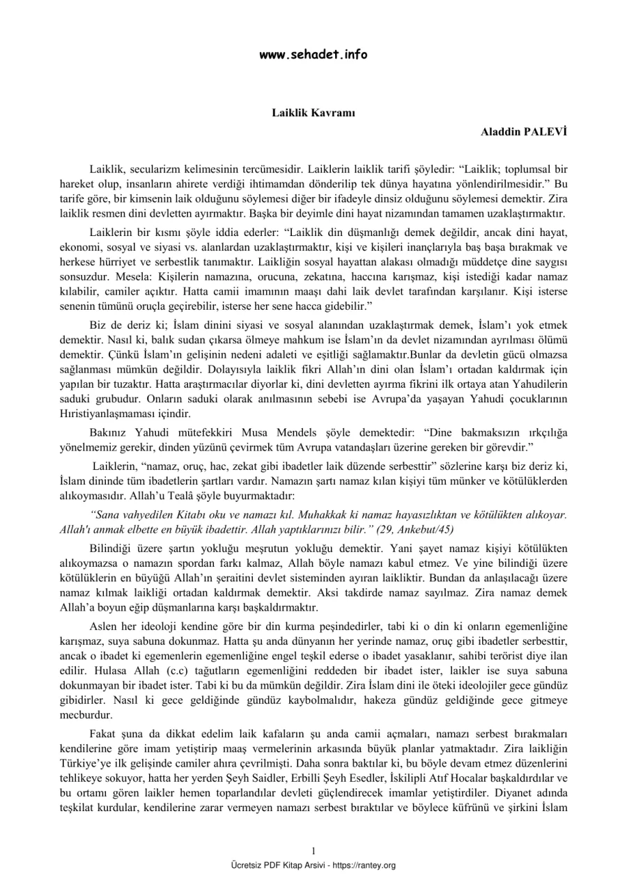 LAİKLİK KAVRAMI ALADDİN PALEVİ KAVRAMI Ebu Abdulmumin Tekin Mıhçı kapak görseli