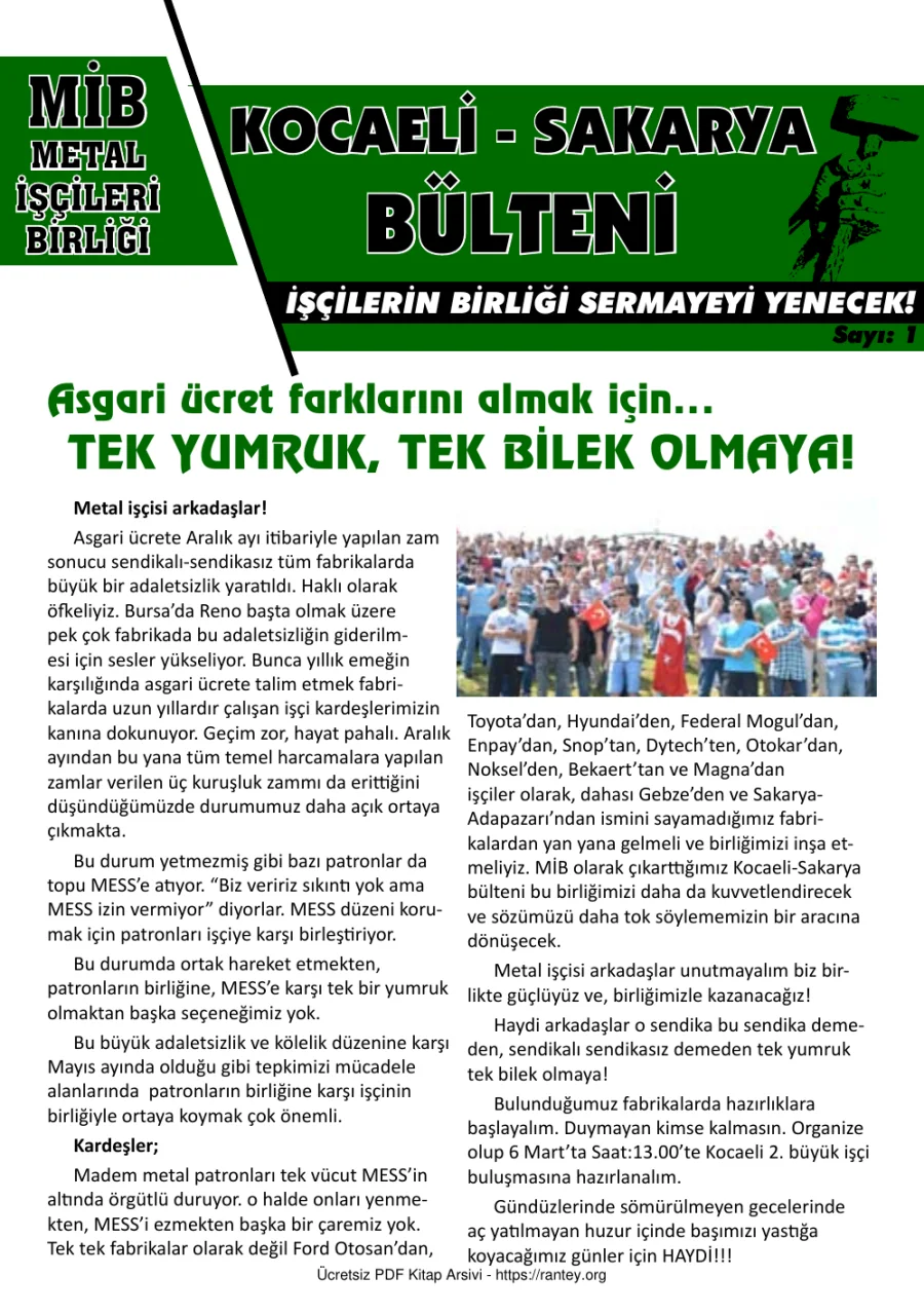 MİB Metal İşçileri Birliği Kocaeli Sakarya Bülteni Sayı 01 kapak görseli