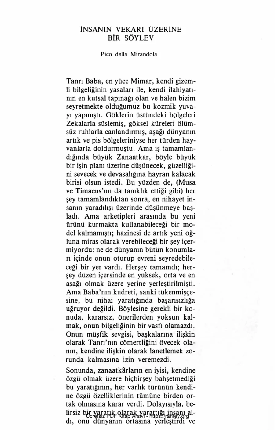 Mirandelo İnsanın Vekarı Üzerine Bir Söylev kapak görseli