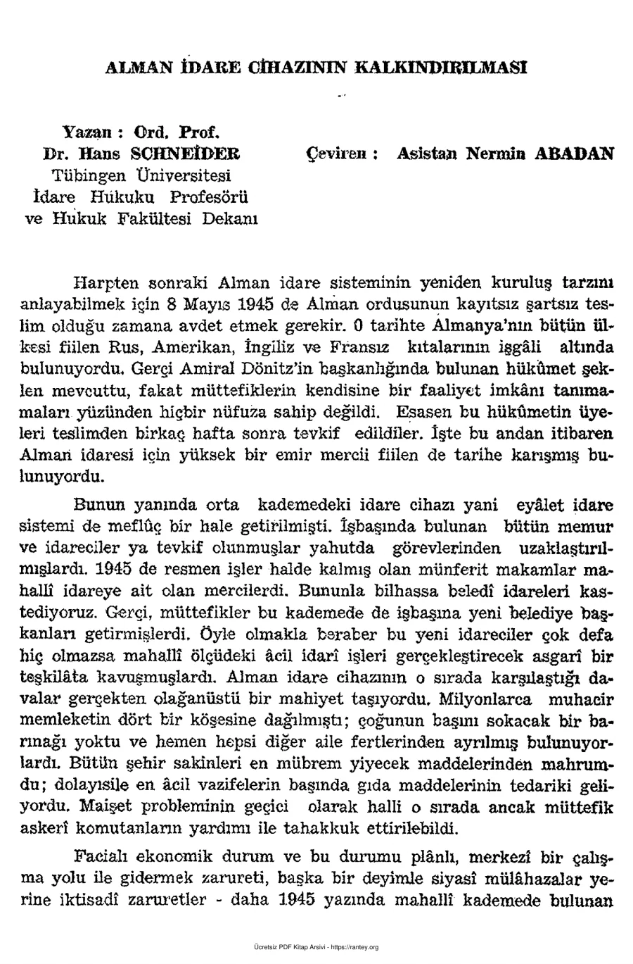Nermin Abadan Unat Hans Schneider Alman İdare Cihazının Kalkındırılması SBF Dergisi Cilt 9 Sayı 3 kapak görseli