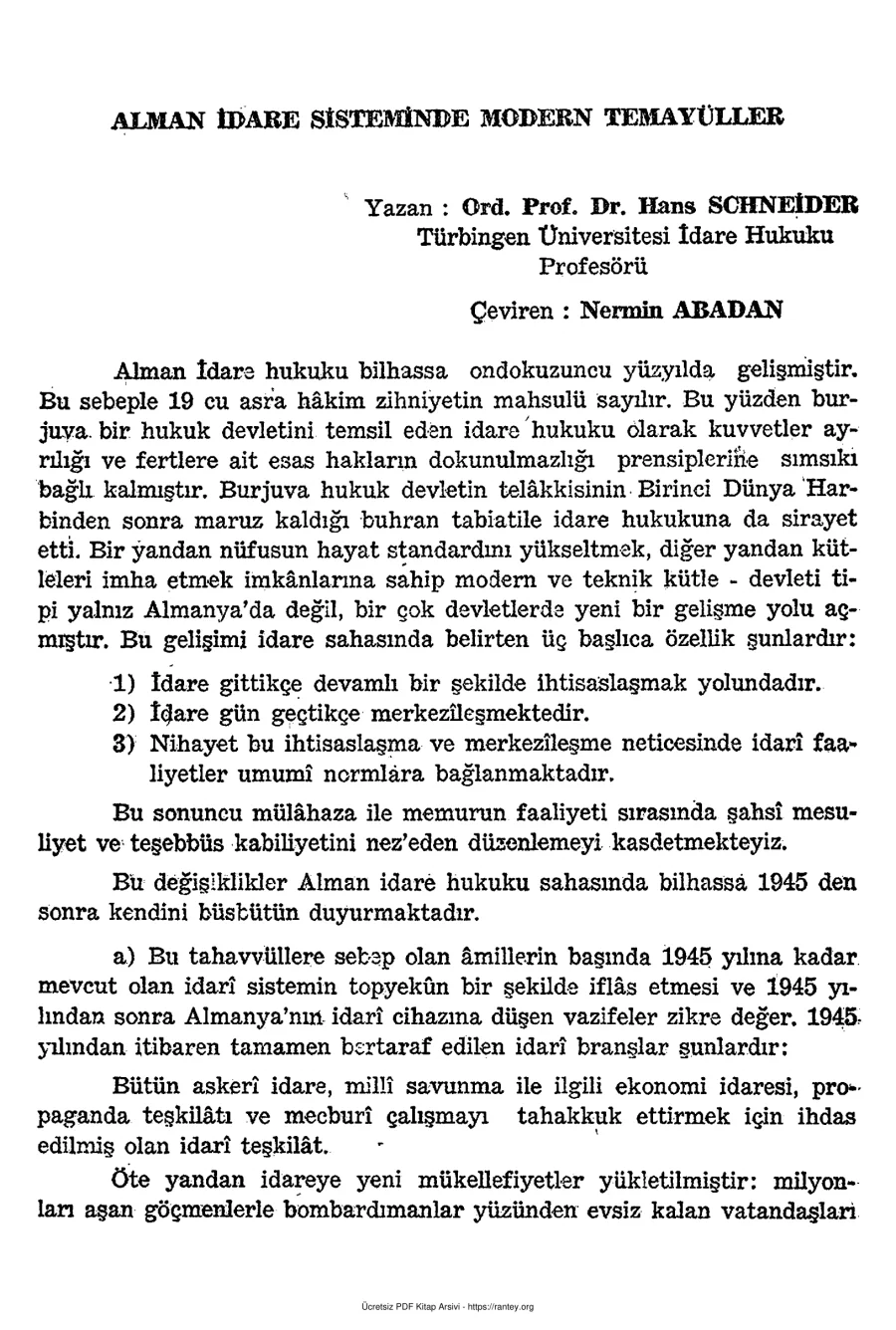 Nermin Abadan Unat Hans Schneider Alman İdare Sisteminde Modern Temayüller SBF Dergisi Cilt 9 Sayı 4 kapak görseli