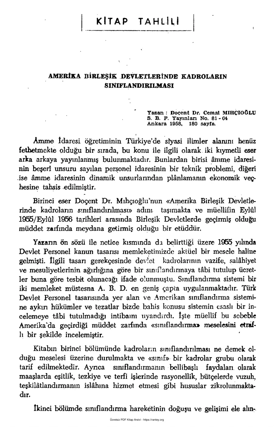 Nermin Abadan Unat Kitap Tahlili Amerika Birleşik Devletlerinde Kadroların Sınıflandırılması SBF Dergisi Cilt 14 Sayı 1 kapak görseli