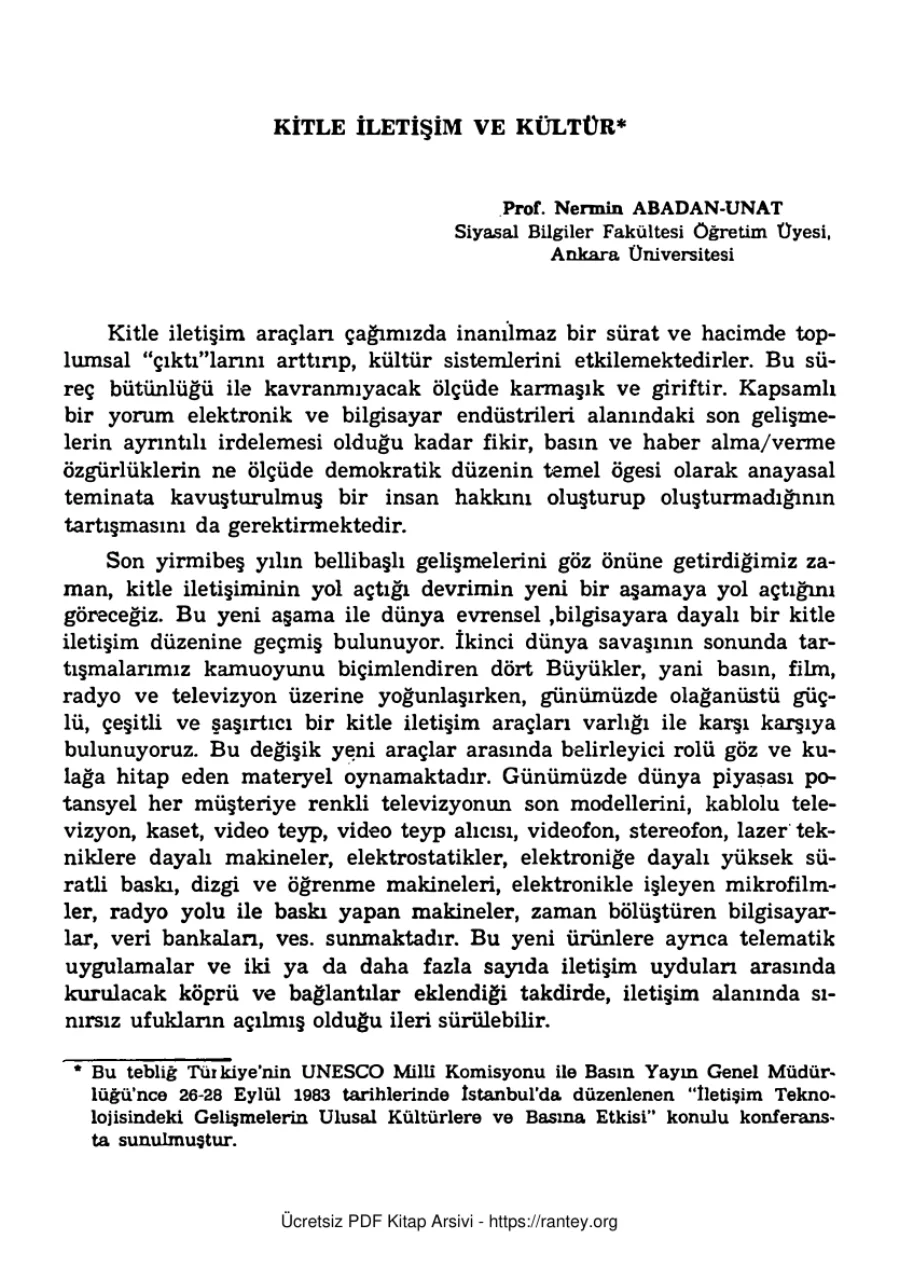 Nermin Abadan Unat Kitle İletişim ve Kültür SBF Dergisi Cilt 39 Sayı 1 kapak görseli