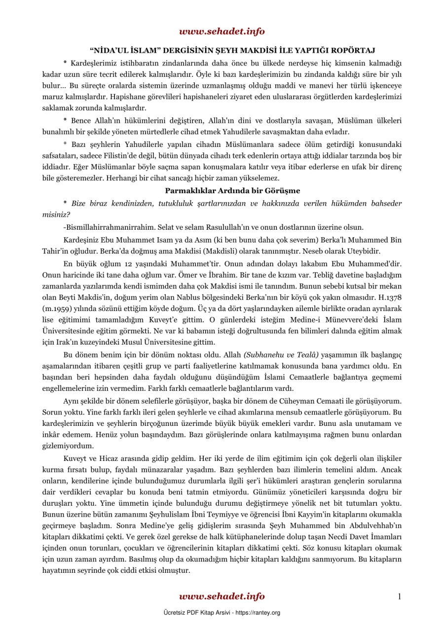 NİDA UL İSLAM DERGİSİNİN SEYH MAKDİSİ İLE YAPTIĞI ROPÖRTAJ Ebu Abdulmumin Tekin Mıhçı kapak görseli