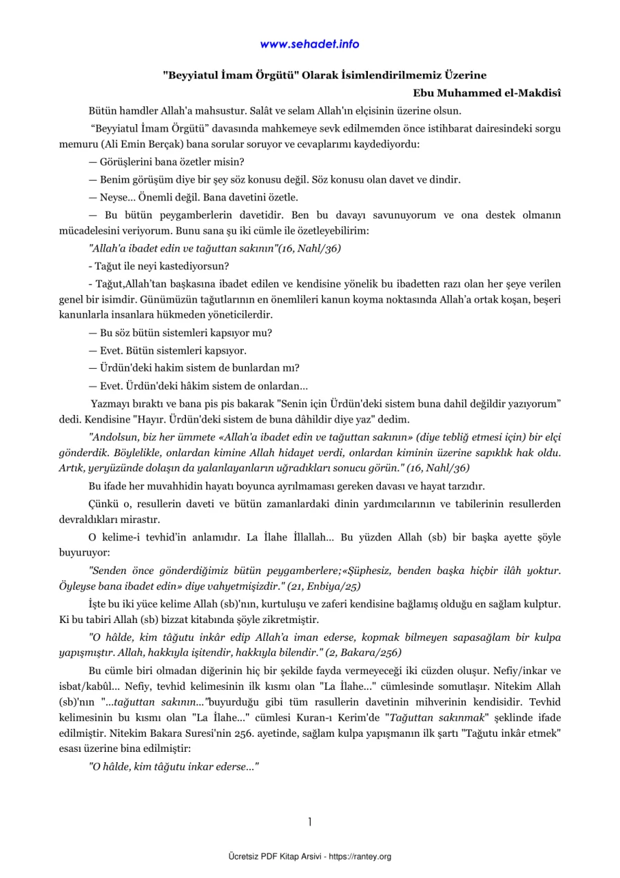 Örgütü Olarak İsimlendirilmemiz Üzerine Ebu Muhammed el Makdis Ebu Abdulmumin Tekin Mıhçı kapak görseli