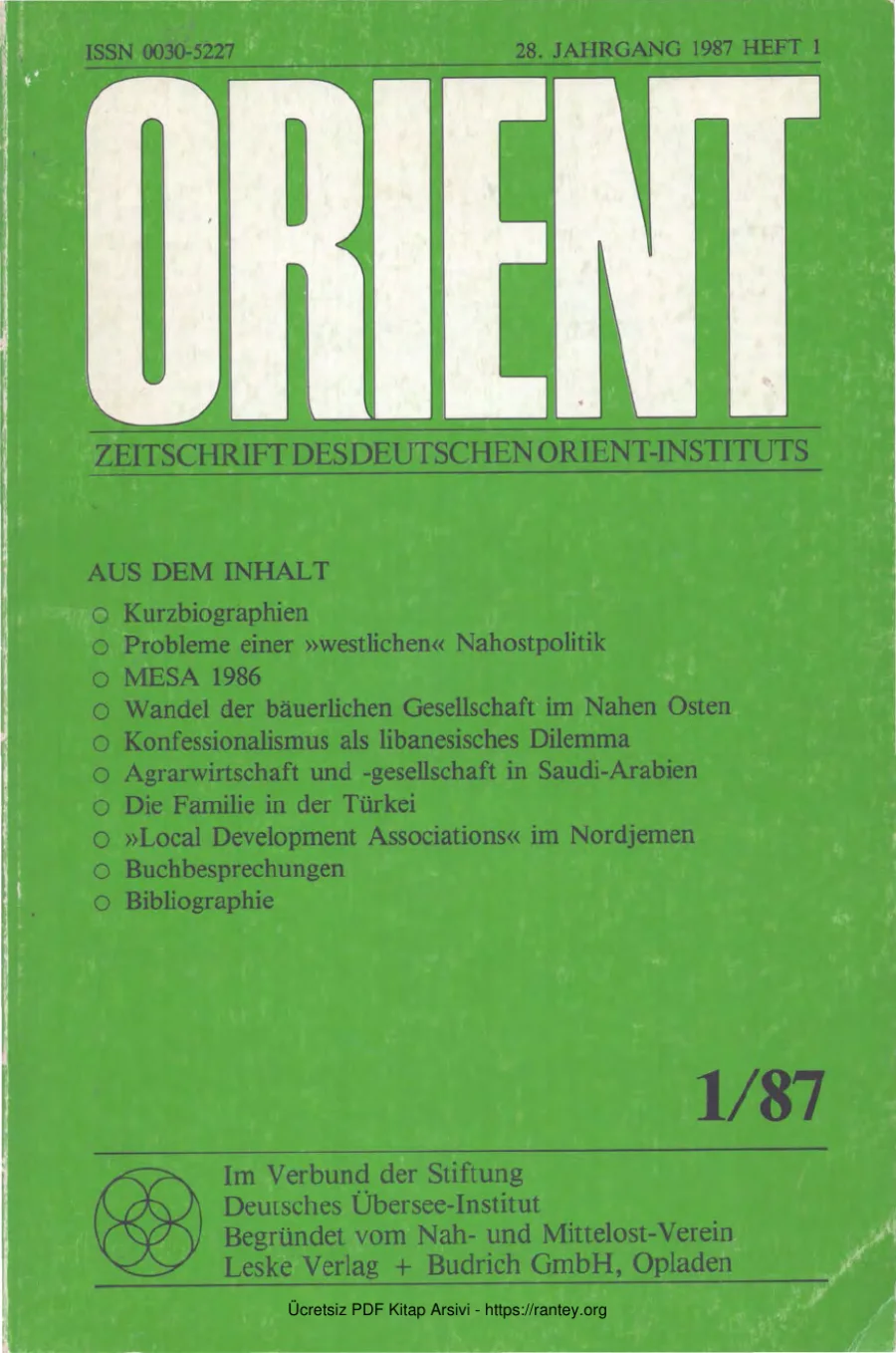 Orient 28 Jahrgang 1987 Heft 1 kapak görseli