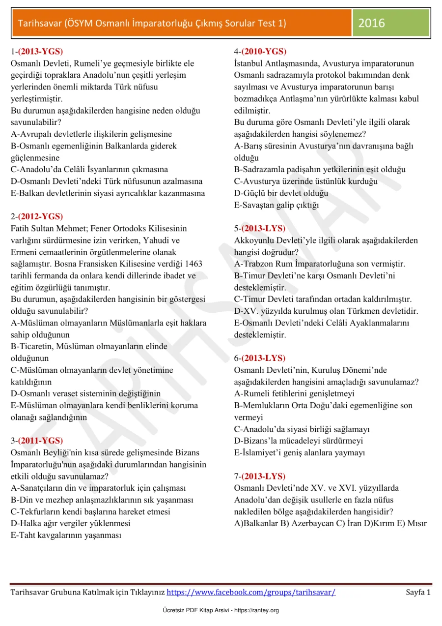 Osmanlı İmparatorluğu Test 1 ÖSYM Çıkmış Sorular kapak görseli