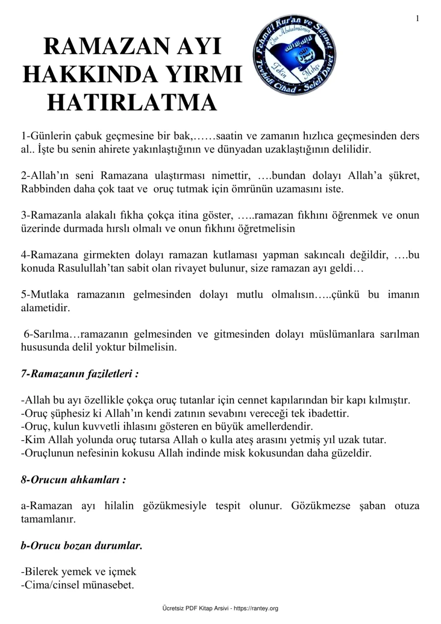 RAMAZAN AYI HAKKINDA YIRMI HATIRLATMA Ebu Abdulmumin Tekin Mıhçı kapak görseli