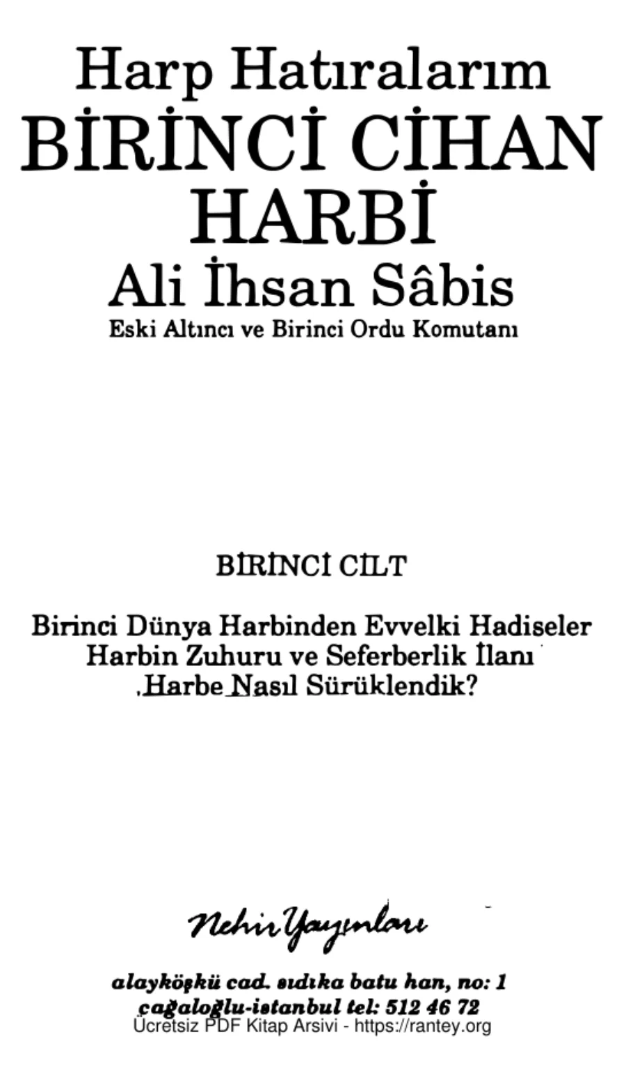 Sabis Harp Hatıralarım Cilt 1 Nehir Yayınları kapak görseli