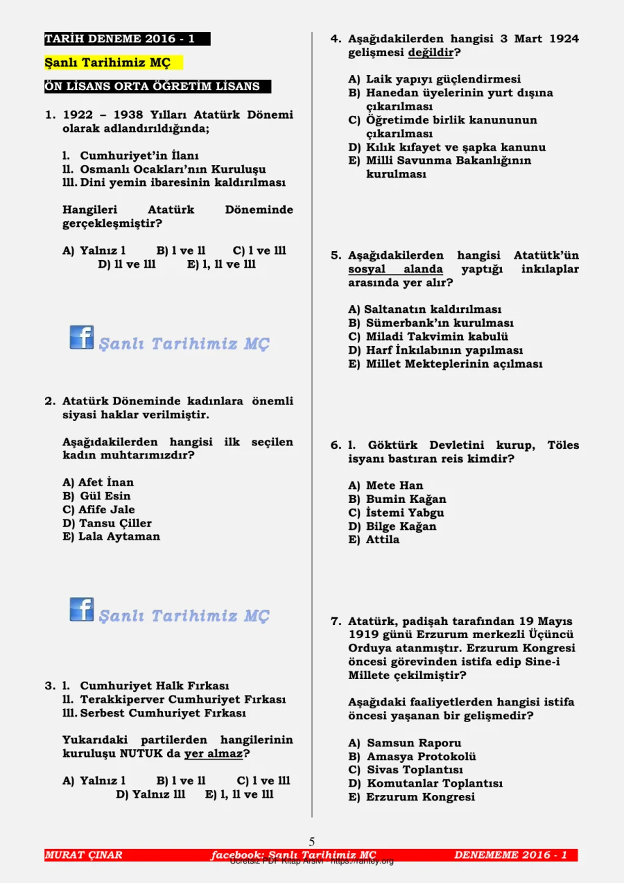 Şanlı Tarihimiz MÇ Deneme 2016 1 kapak görseli