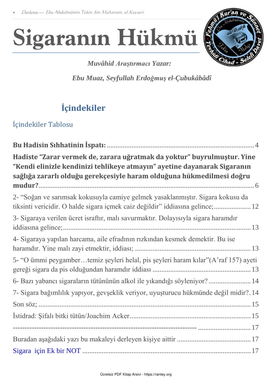 Sigaraya HARAM Diyenler Bunuda Okusunlar ALLAH için Ebu Abdulmumin Tekin Mıhçı kapak görseli