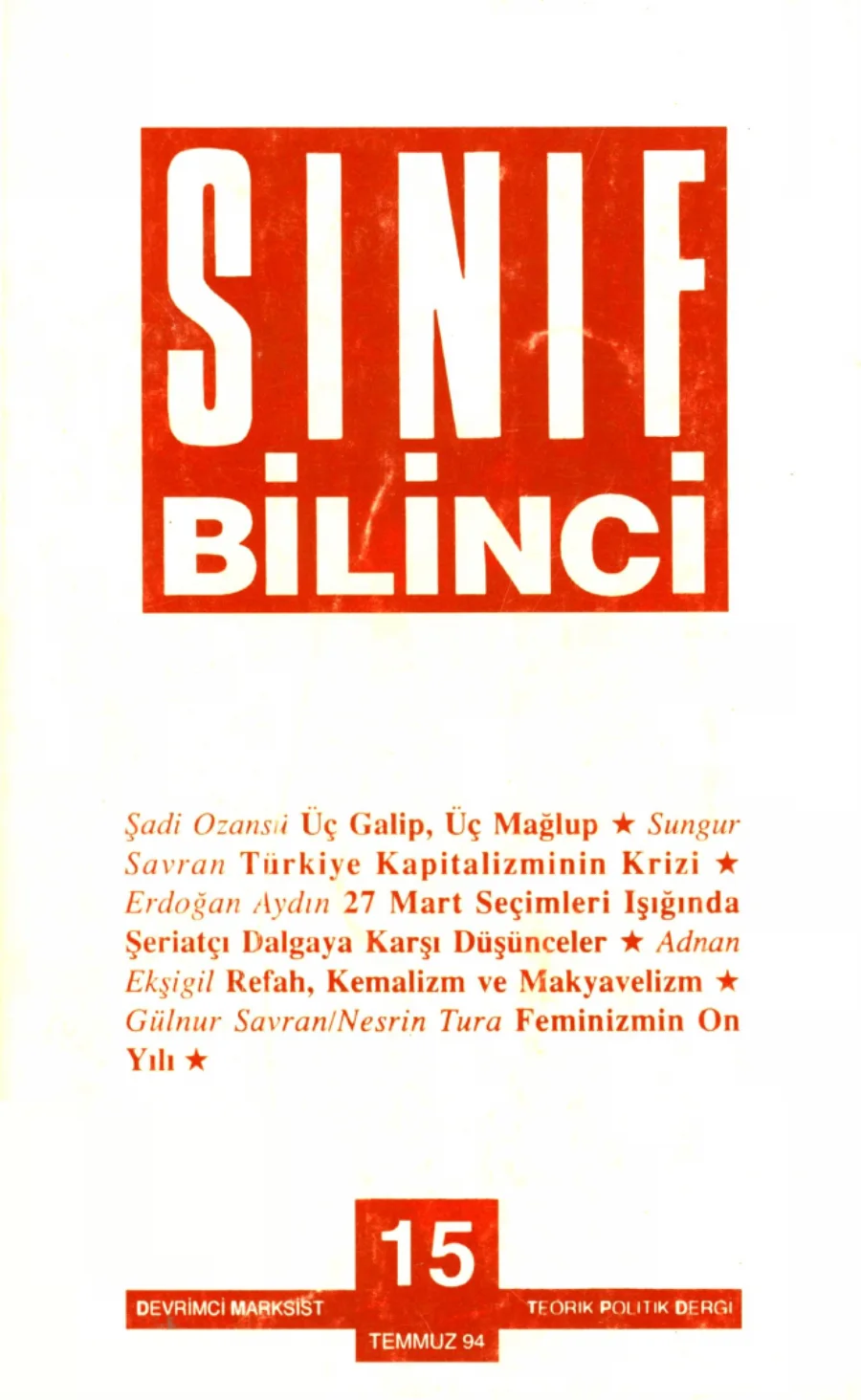 Sınıf Bilinci Dergisi Sayı 15 1994 Temmuz kapak görseli