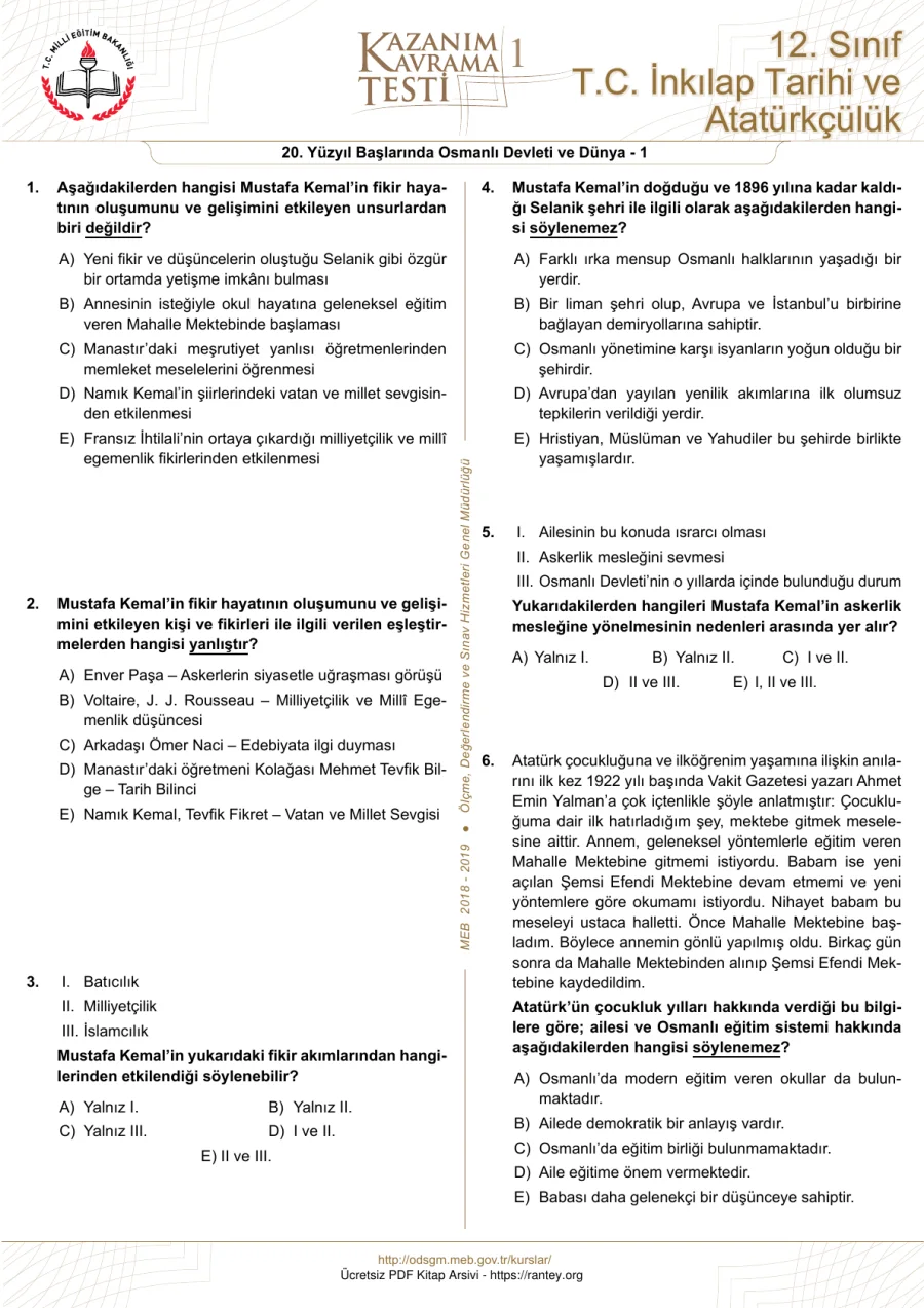 Sınıf İnkılap Tarihi ve Atatürkçülük Kazanım Testleri kapak görseli