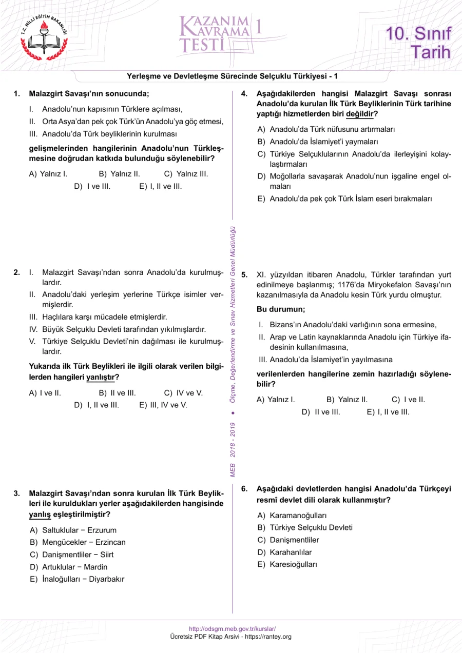 Sınıf Tarih Kazanım Testleri kapak görseli