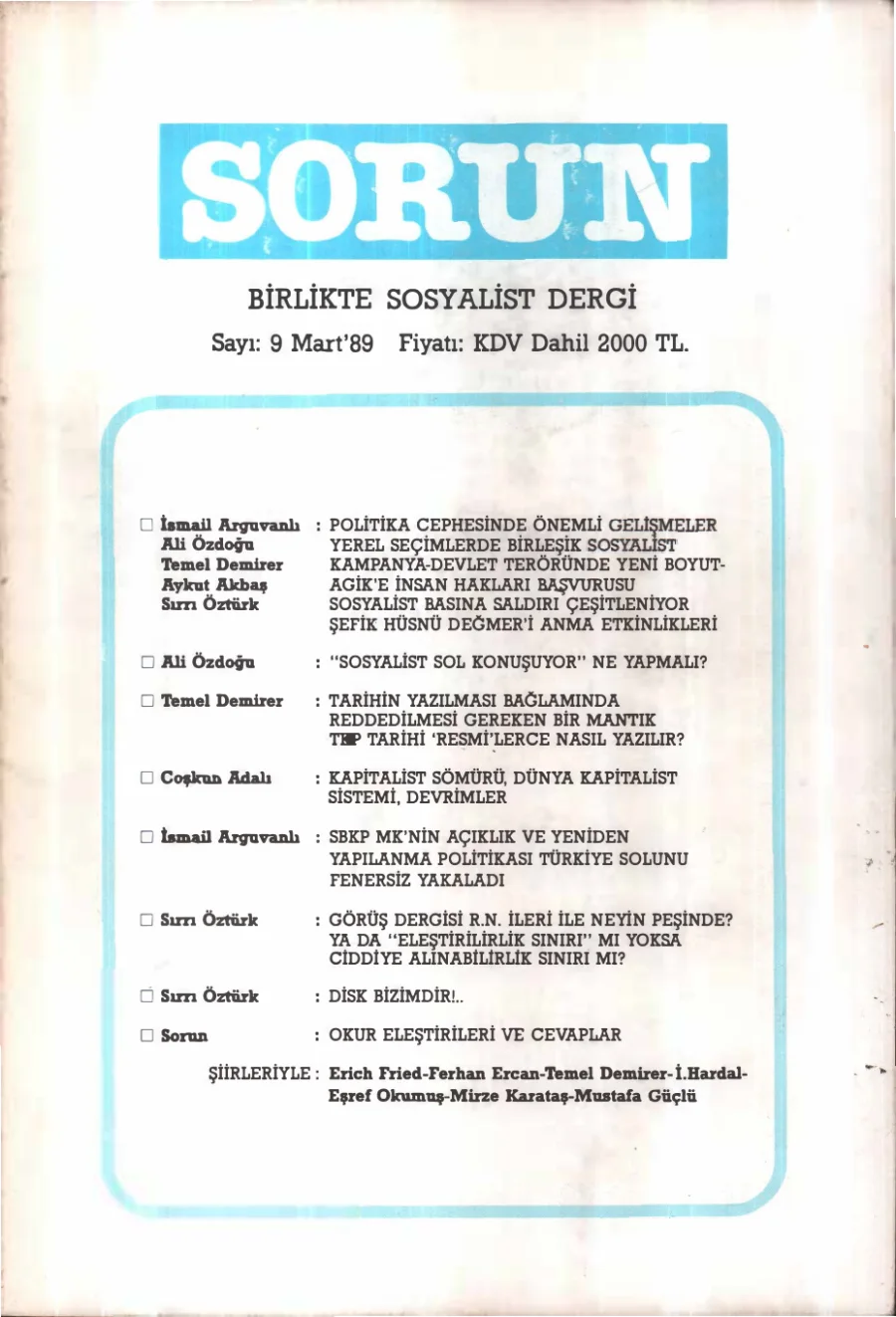 Sorun Birlikte Sosyalist Dergi Sayı 09 Mart kapak görseli
