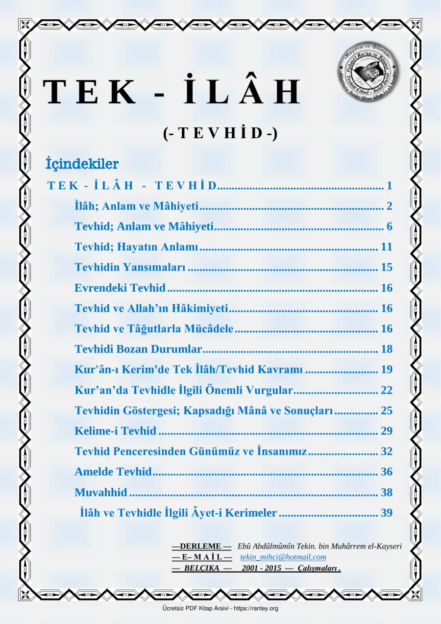 T E K İ L H TEVHID KAVRAMI Ebu Abdulmumin Tekin Mıhçı kapak görseli