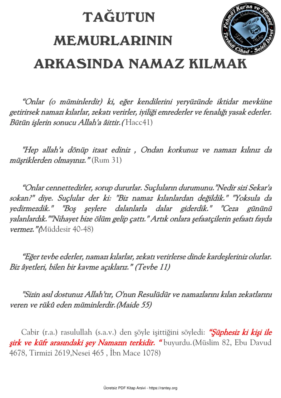 TAĞUTUN MEMURLARININ ARKASINDA NAMAZ KILMAK Ebu Abdulmumin Tekin Mıhçı kapak görseli