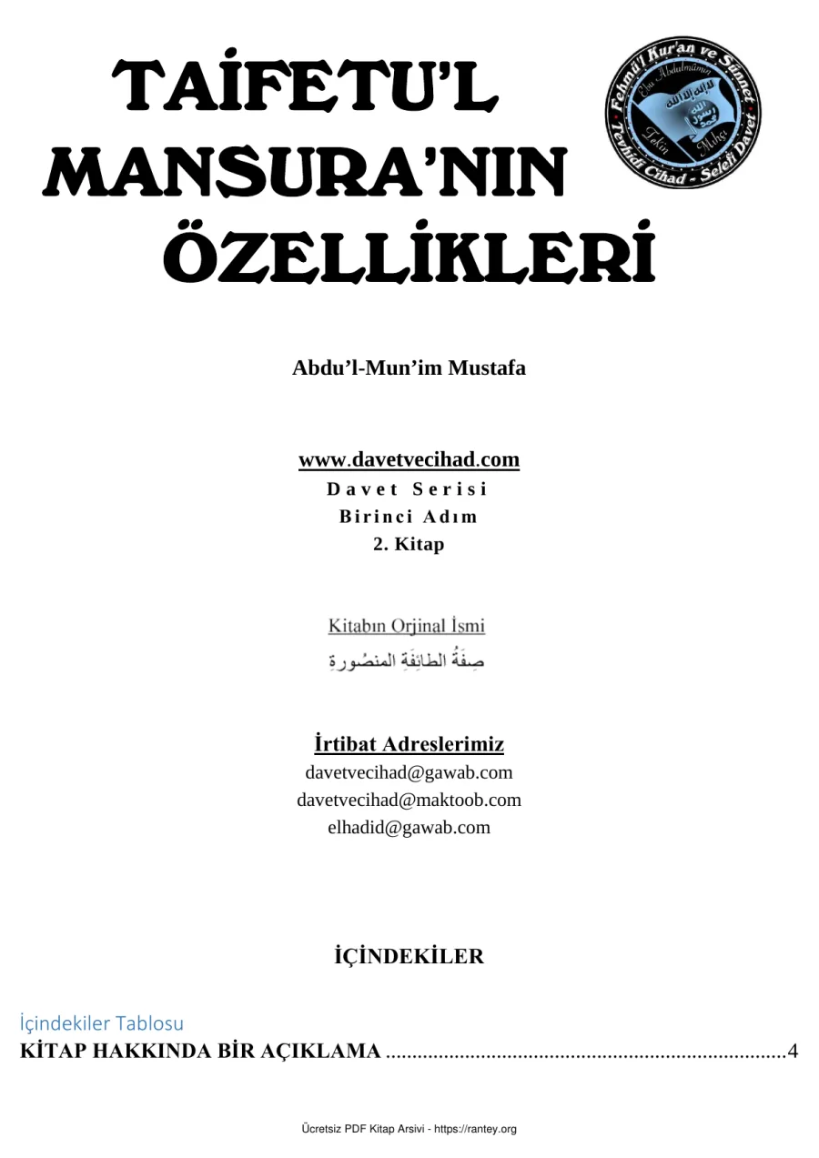 TAİFETUL MANSURANIN ÖZELLİKLERİ Abdul Munim Mustafa Ebu Abdulmumin Tekin Mıhçı 2 kapak görseli