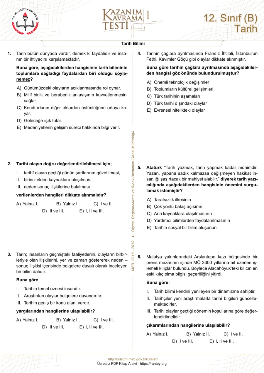 Tarih Dersi Mezun Kazanım Testleri kapak görseli