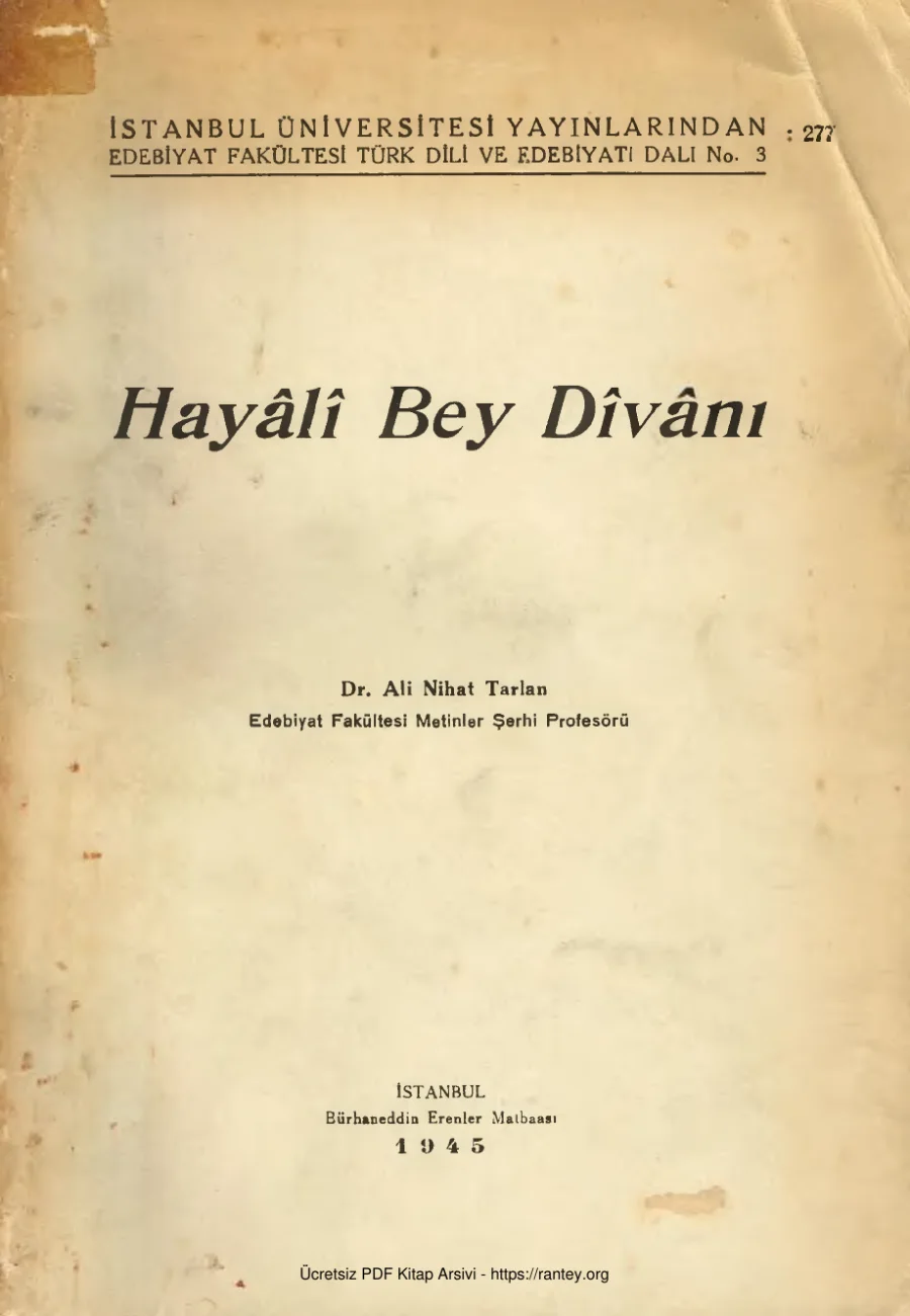 Tarlan Hayali Bey Divanı İstanbul Üniversitesi Yayınları kapak görseli