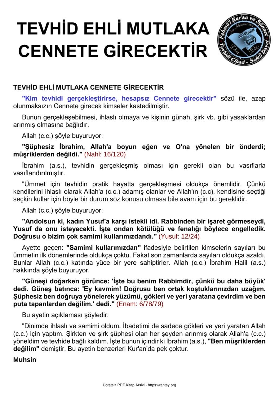 TEVHİD EHLİ MUTLAKA CENNETE GİRECEKTİR Ebu Abdulmumin Tekin Mıhçı kapak görseli