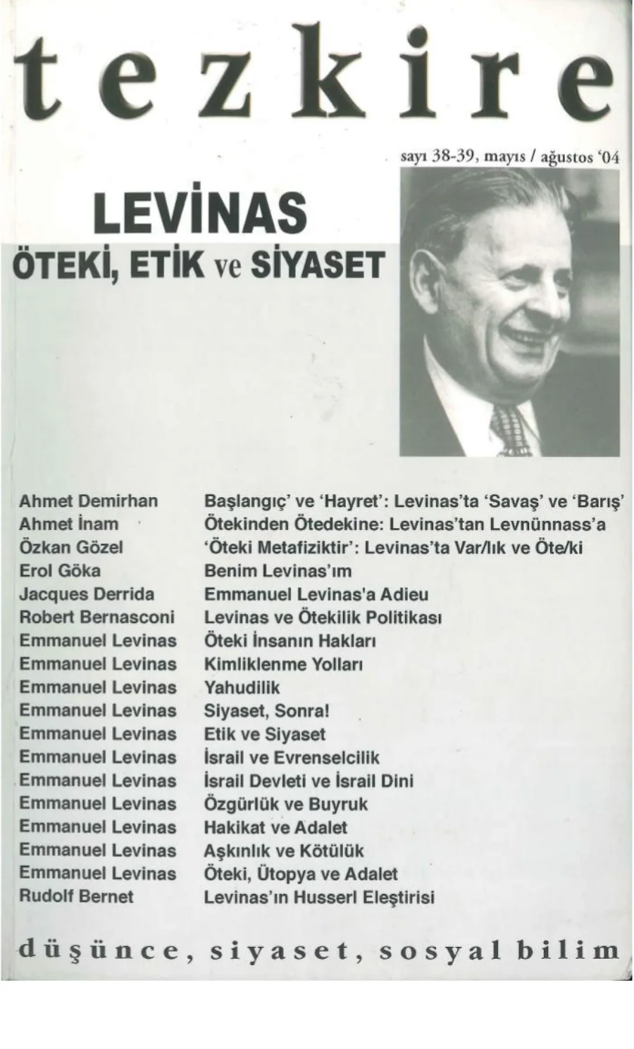Tezkire Dergisi Sayı 38 39 Ağustos 2004 Levinas Özel Sayısı kapak görseli