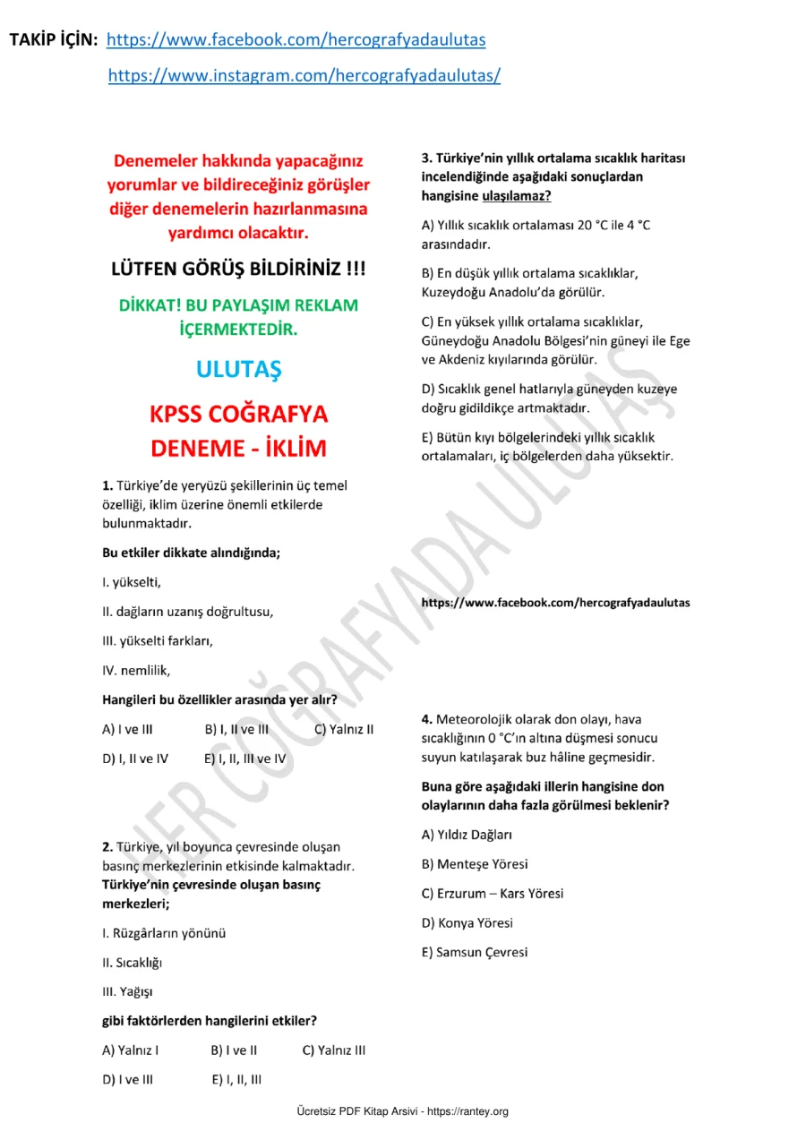 ULUTAŞ 10 Soruluk Ücretsiz KPSS Coğrafya Deneme Serisi 5 kapak görseli