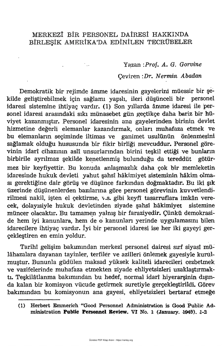 Unat A G Gorvine Merkezi Bir Personel Dairesi Hakkında Birleşik Amerikada Edinilen Tecrübeler SBF Dergisi kapak görseli