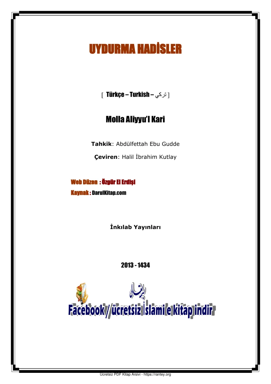 UYDURMA HADİSLER MOLLA ALİYY UL KARİ PDF FORMATINDAZDUL MED MUHTASARI Ebu Abdulmumin Tekin Mıhçı kapak görseli