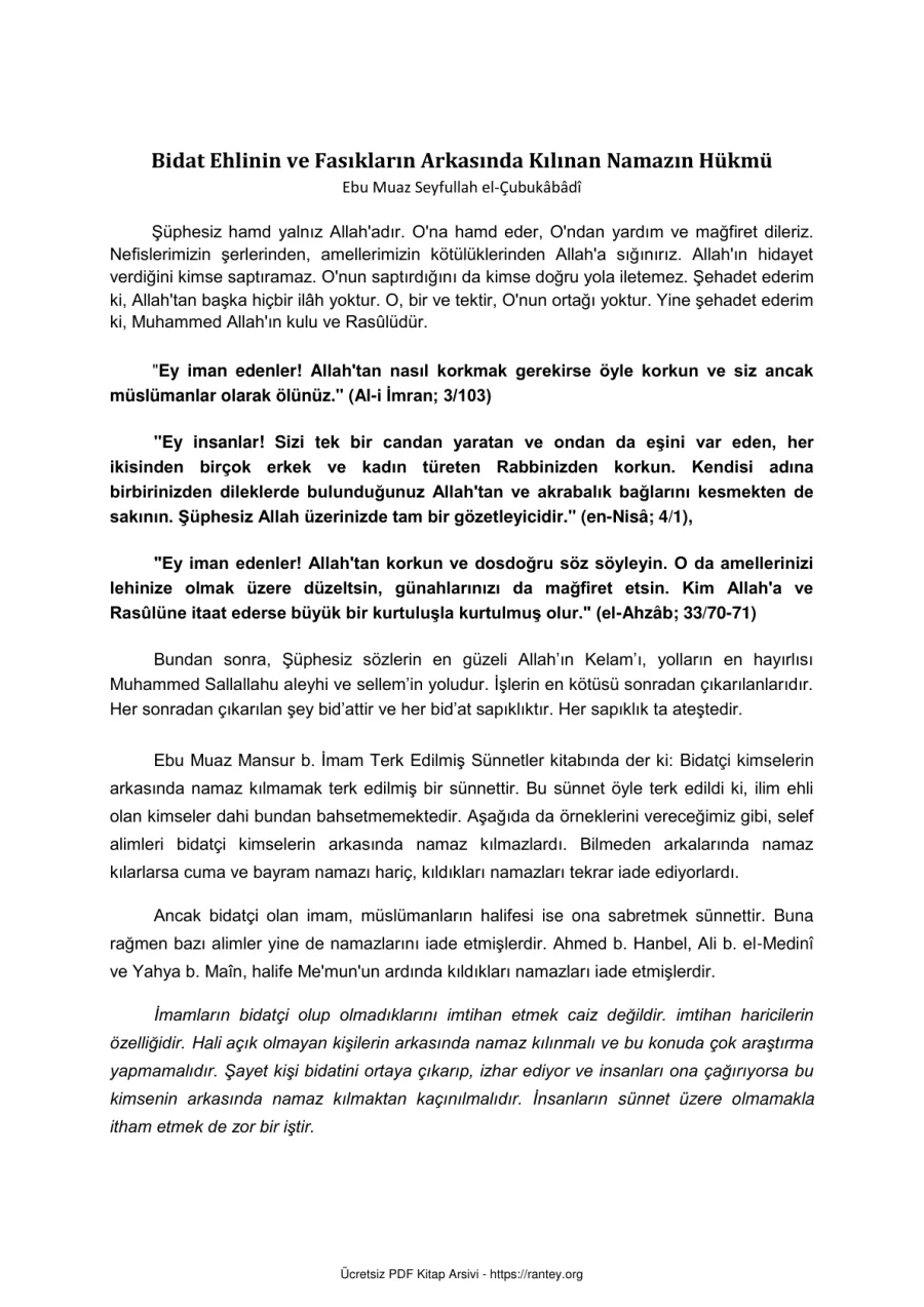 ve Fasıkların Arkasında Kılınan Namazın Hükmü Ebu Abdulmumin Tekin Mıhçı kapak görseli