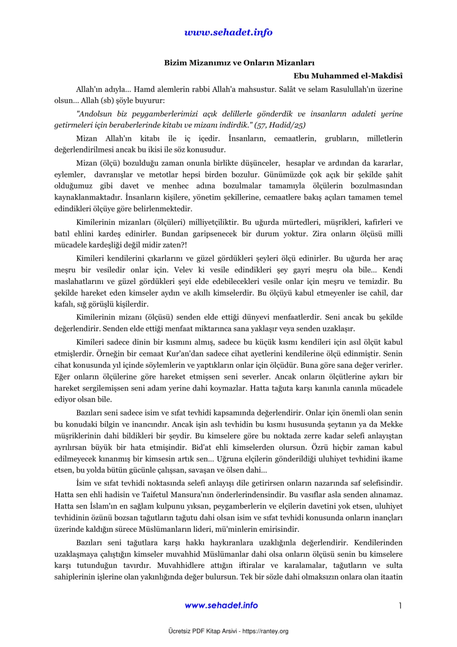 ve Onların Mizanları ebu muhammed makdisi Ebu Abdulmumin Tekin Mıhçı kapak görseli