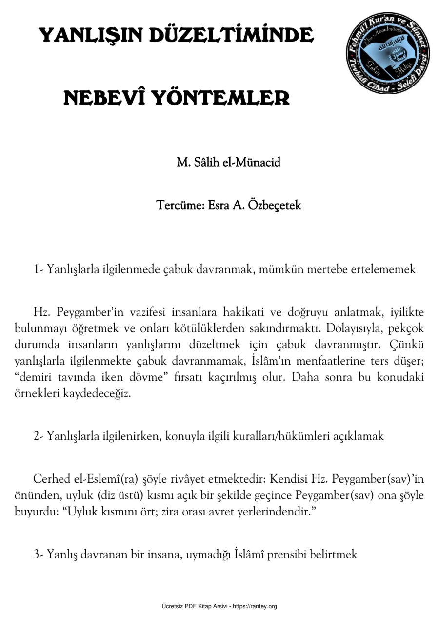 YANLIŞIN DÜZELTİMİNDE NEBEV YÖNTEMLER Ebu Abdulmumin Tekin Mıhçı kapak görseli