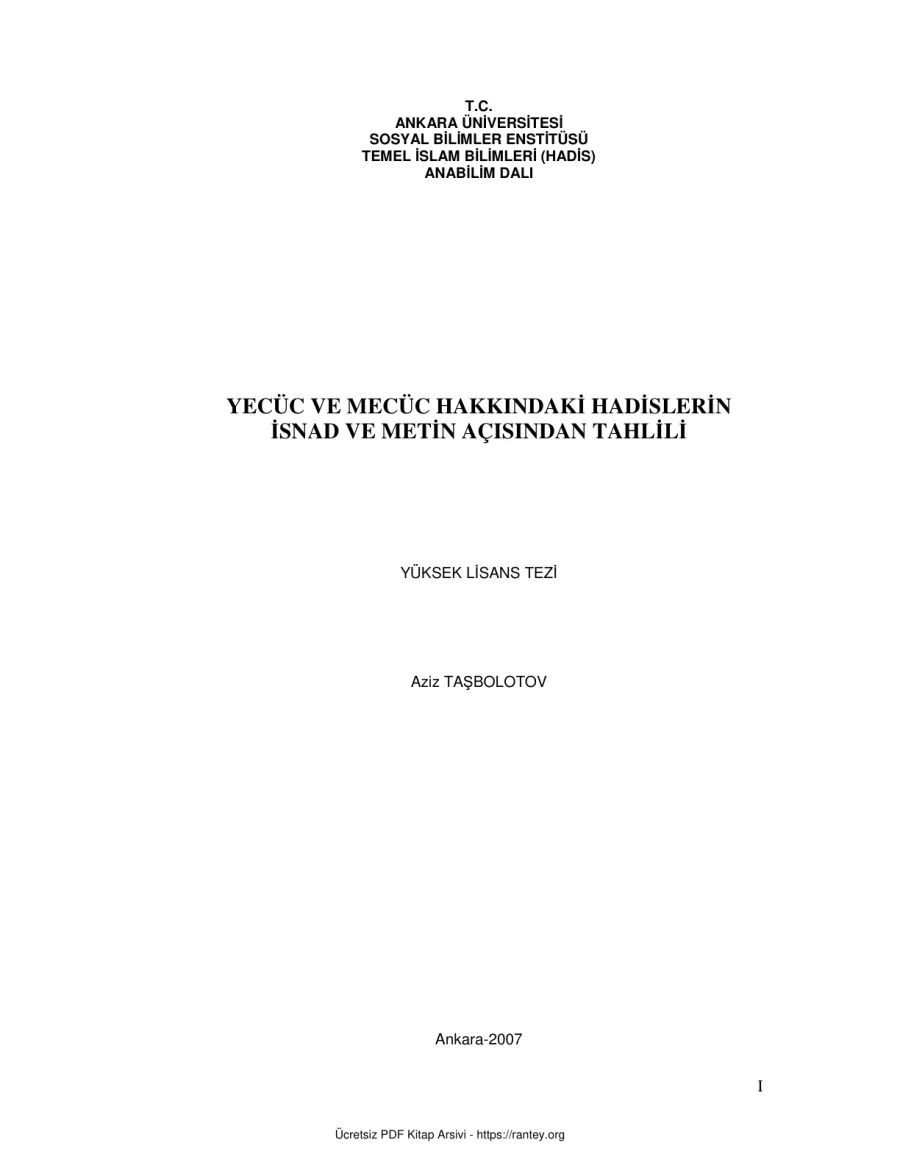 YECÜC VE MECÜC HAKKINDAKİ HADİSLER Dr TEZİ Ebu Abdulmumin Tekin Mıhçı kapak görseli