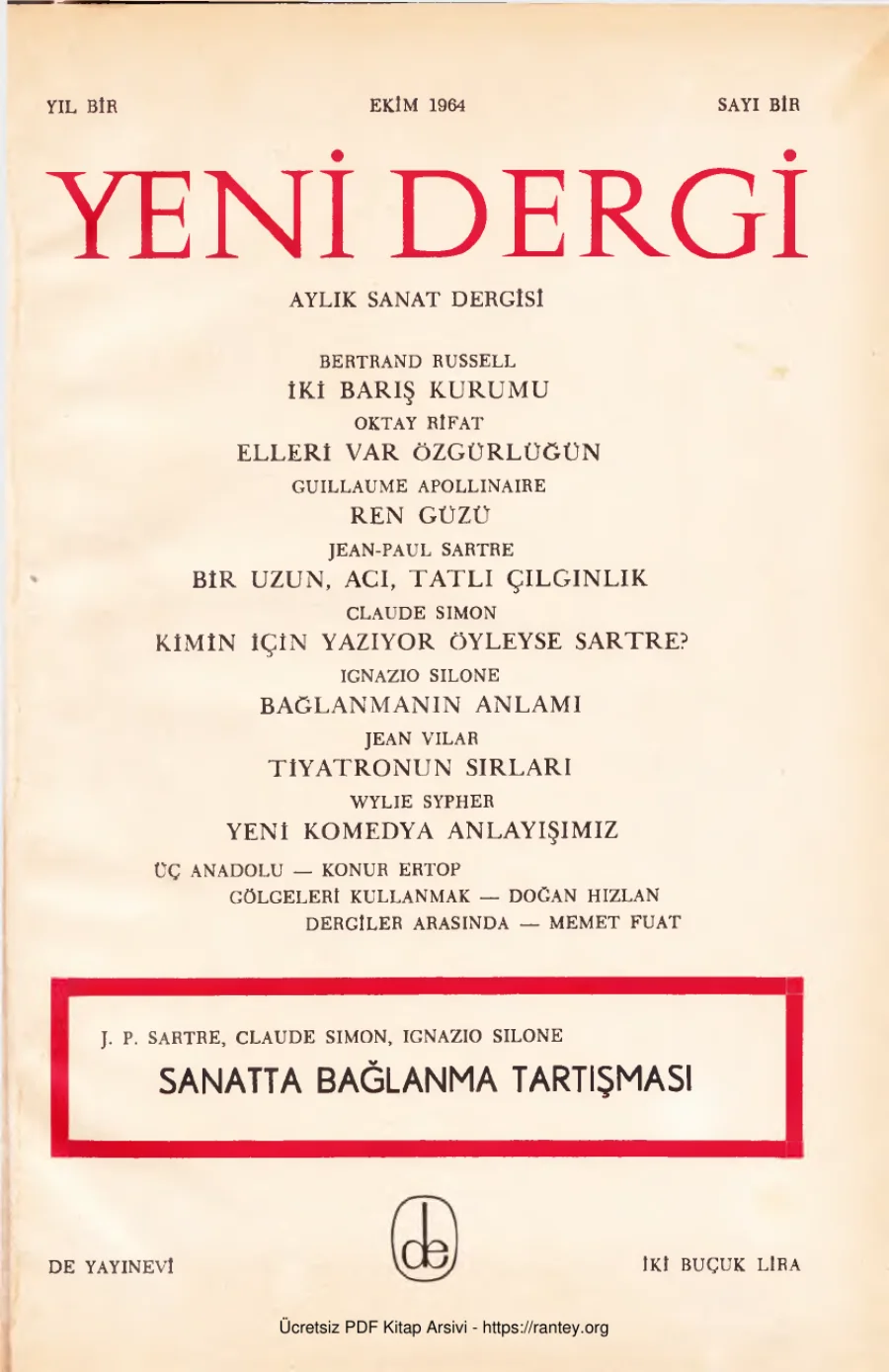 Yeni Dergi Yıl 1964 Sayı 1 Ekim 1964 Sanatta Bağlanma Tartışmaları kapak görseli