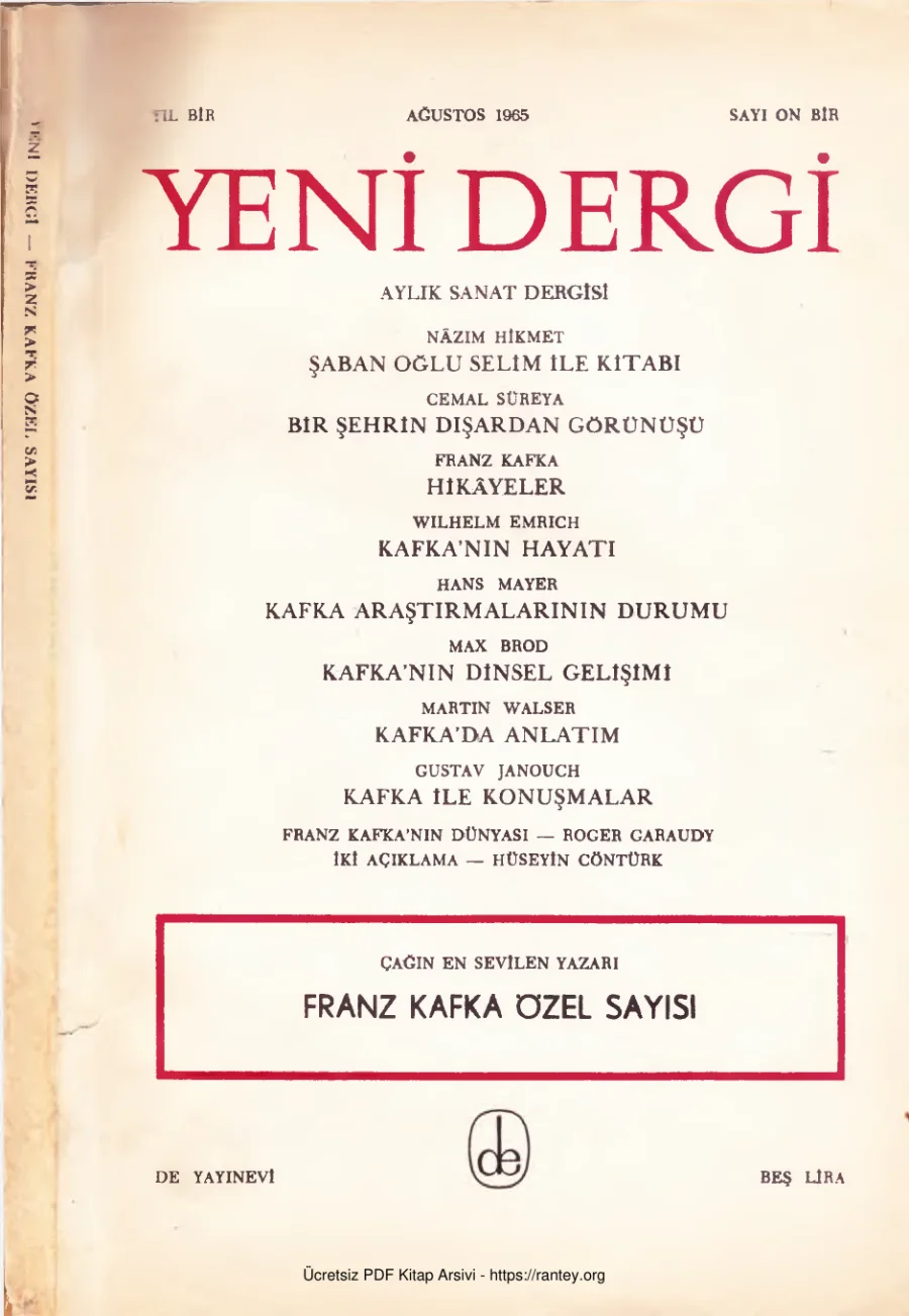 Yeni Dergi Yıl 1965Sayı 11 Ağustos 1965 Franz Kafka Özel Sayısı kapak görseli