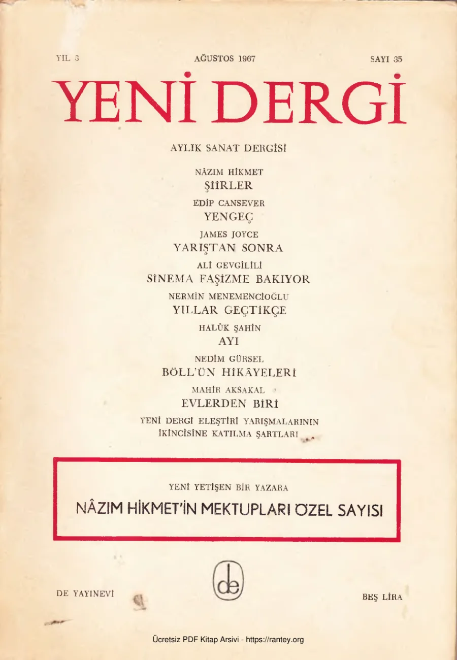Yeni Dergi Yıl 1967 Sayı 35 Ağustos 1967 Nazim Hikmet Mektuplar Özel Sayısı kapak görseli
