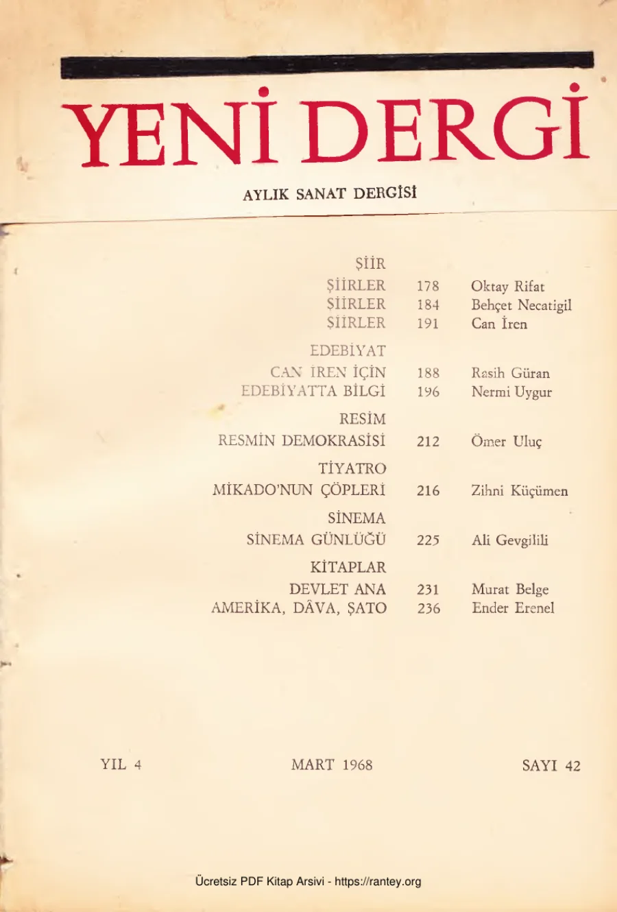 Yeni Dergi Yıl 1968 Sayı 42 Mart 1968 kapak görseli