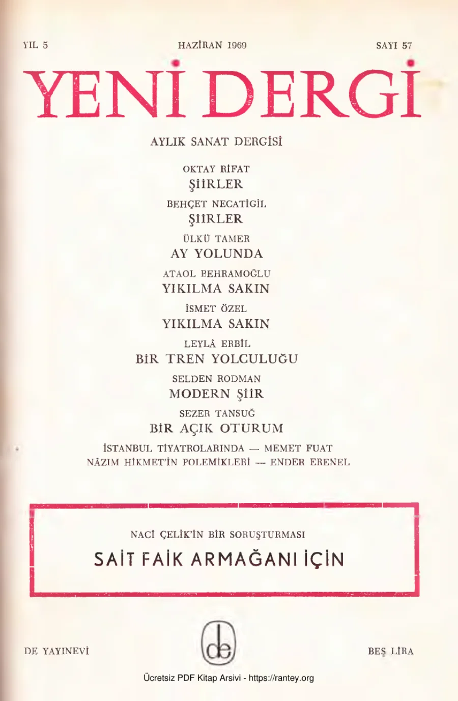 Yeni Dergi Yıl 1969 Sayı 57 Haziran 1969 Sait Faik Armağanı İçin kapak görseli