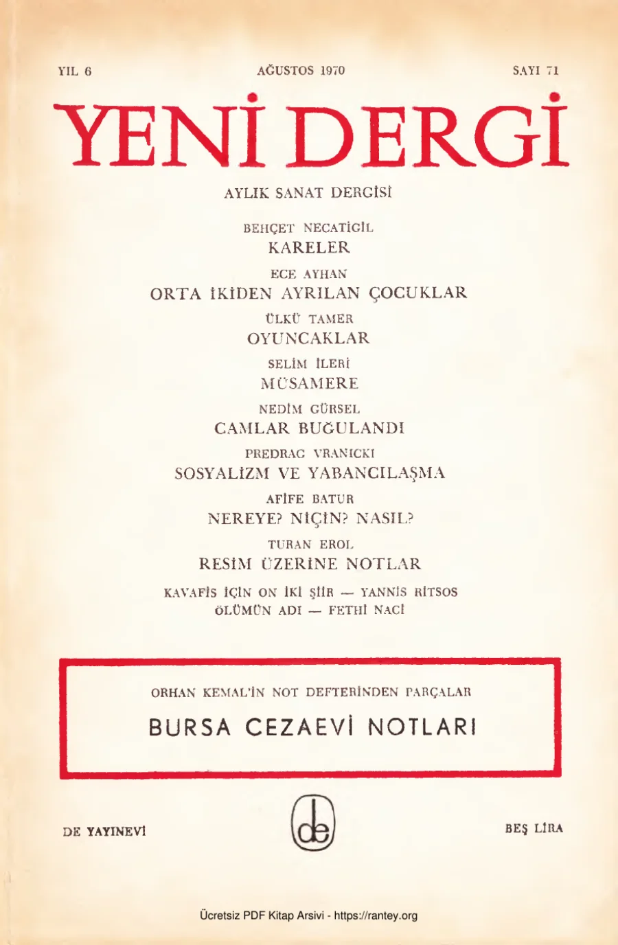 Yeni Dergi Yıl 1970 Sayı 71 Ağustos 1970 Orhan Kemal Bursa Cezaevi Notları kapak görseli