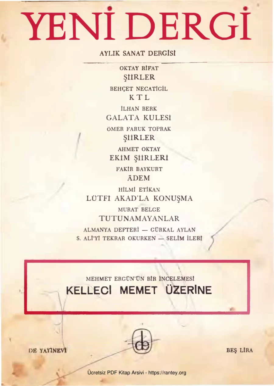 Yeni Dergi Yıl 1972 Sayı 99 Aralık 1972 Kelleci Memet Üzerine kapak görseli