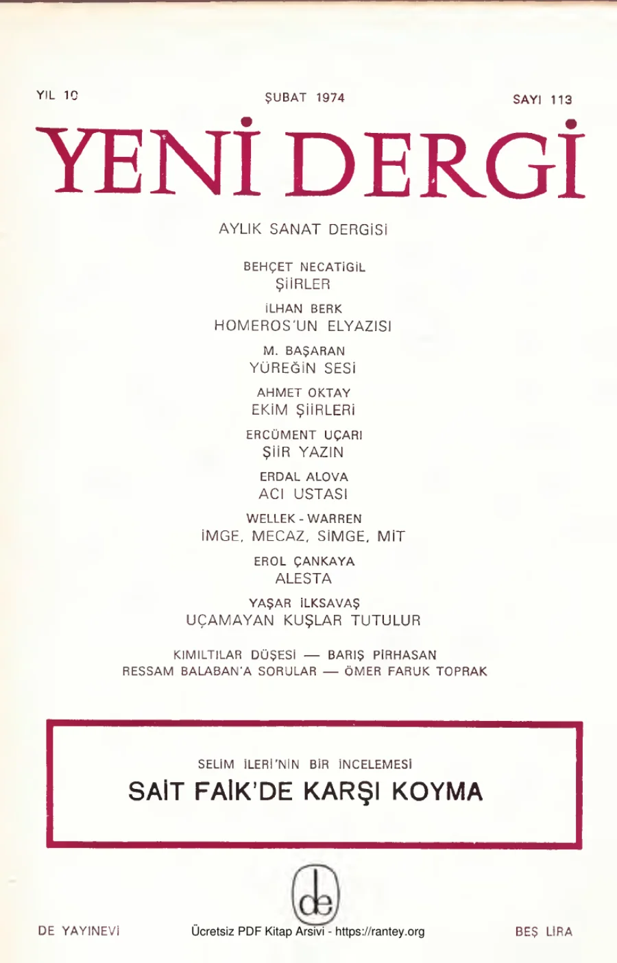 Yeni Dergi Yıl 1974 Sayı 113 Şubat 1974 Sait Faikde Karşı Koyma kapak görseli