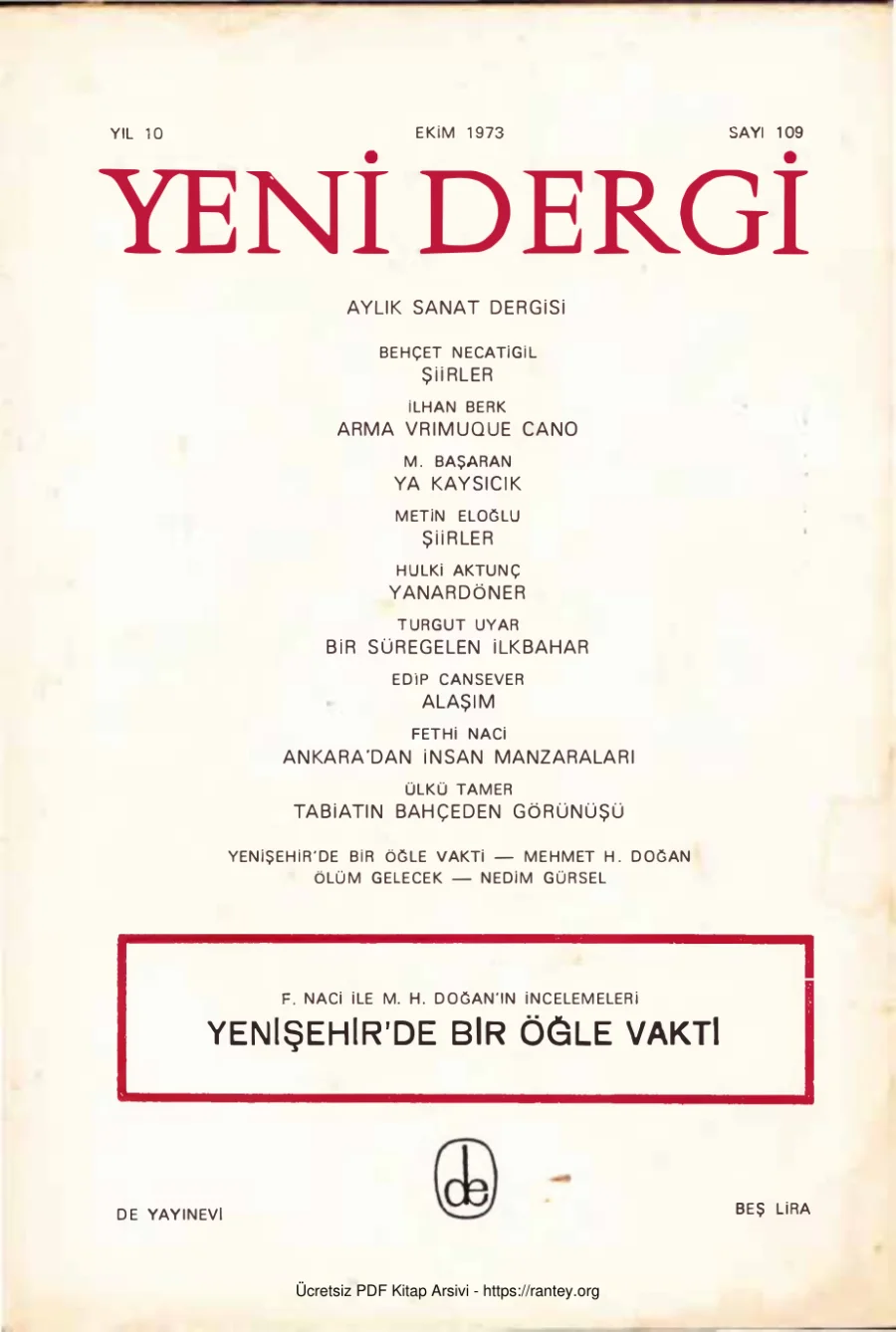 Yıl 1973 Sayı 109 Ekim 1973 Yenişehirde Bir Öğle Vakti Üzerine kapak görseli
