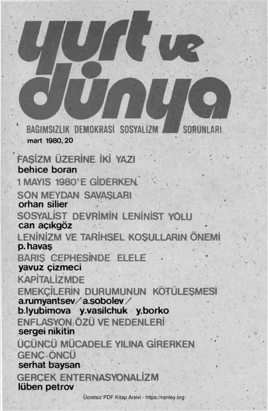 Yurt ve Dünya Sayı 20 - Mart 1980 kapak görseli