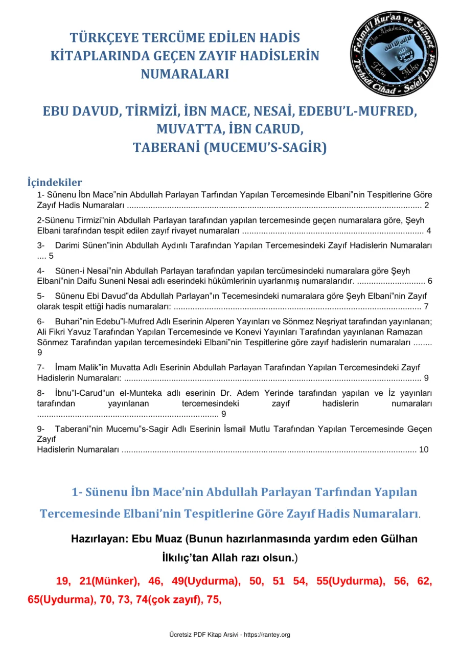 ZAYIF HADIS NUMARALARI Turkce Hadis Kitaplarinin Zayiflari PDF Ebu Abdulmumin Tekin Mıhçı kapak görseli