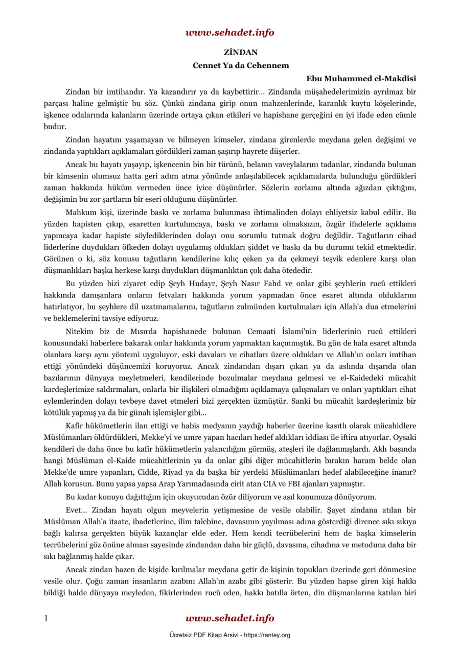 ZİNDAN YA DA CEHENNEM şeyh makdisi Ebu Abdulmumin Tekin Mıhçı kapak görseli