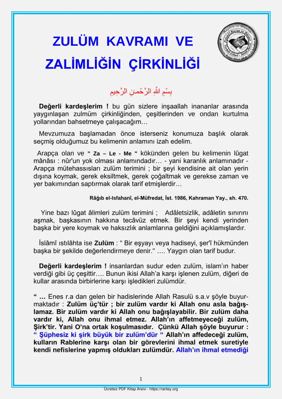 ZULÜM KAVRAMI VE ZALİMLİĞİN ÇİRKİNLİĞİ Ebu Abdulmumin Tekin Mıhçı kapak görseli